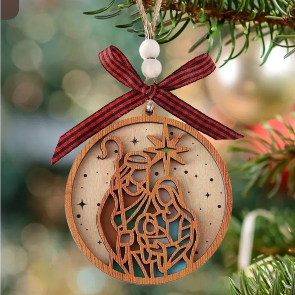 Wooden Nativity Scene Ornament with Red Bow